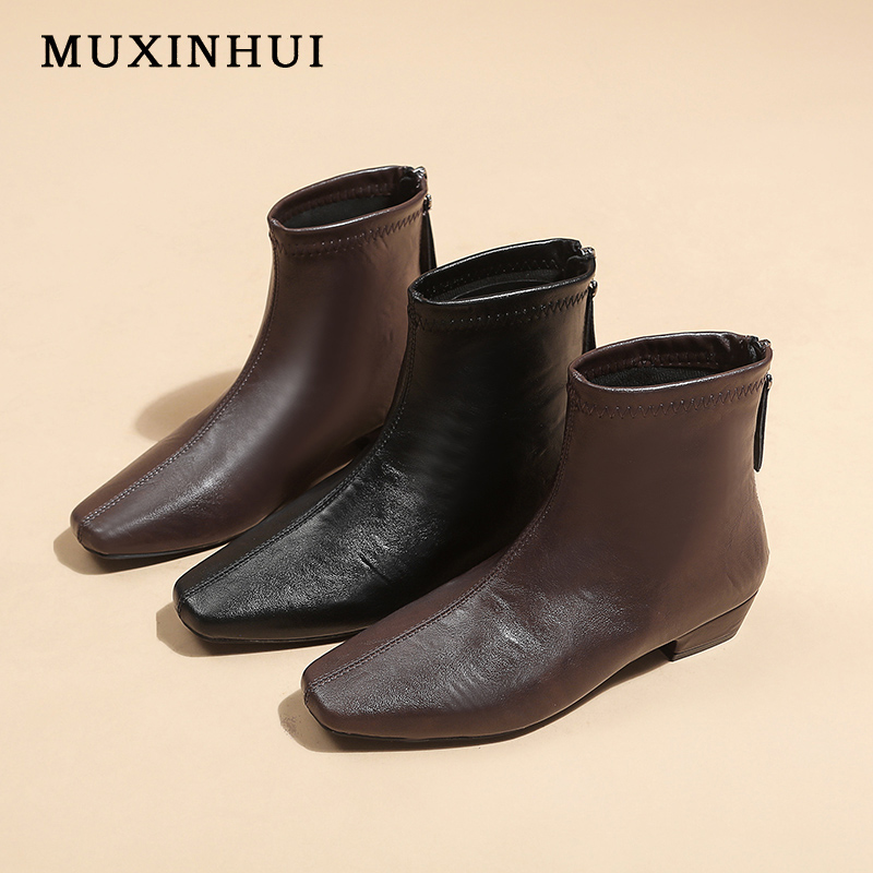 【品牌】韩版方头低跟后拉链复古马丁靴子女通勤洋气软底百搭A18-1