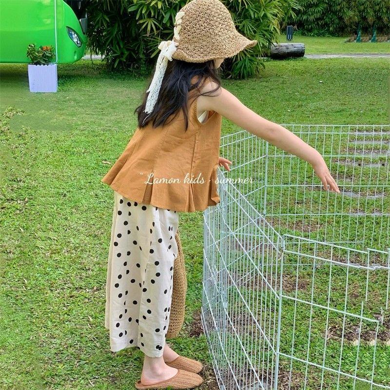 女童气质套装夏季洋气无袖衬衫背心上衣波点阔腿裤中大童两件套潮