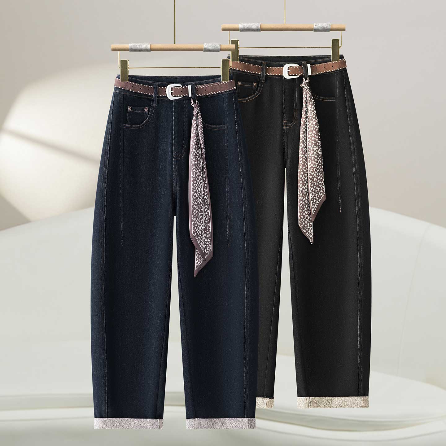 2025秋冬新款加绒加厚休闲九分弯刀牛仔裤高腰宽松百搭窄版气球裤