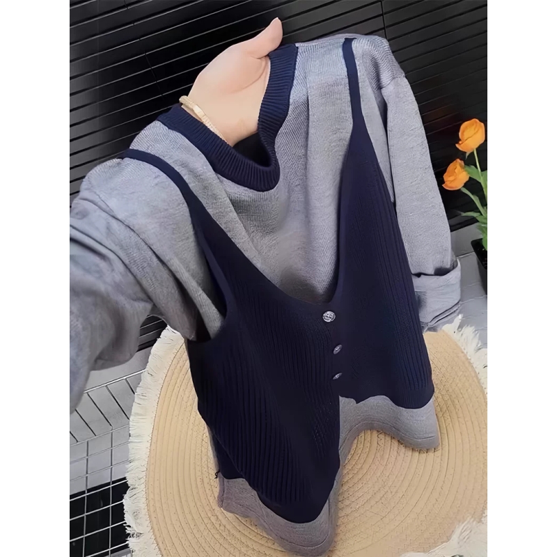 早秋假两件拼接针织衫女2025秋季新款大码微微胖显瘦圆领长袖上衣