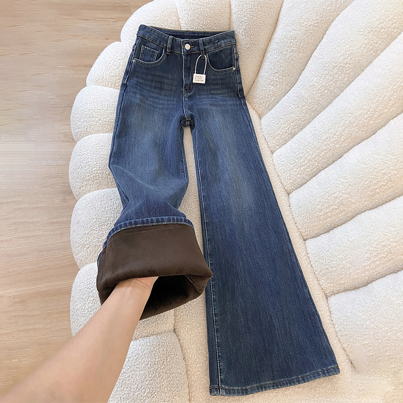 深蓝色加绒加厚微喇牛仔裤女秋冬2025新款高腰显瘦小个子喇叭裤子