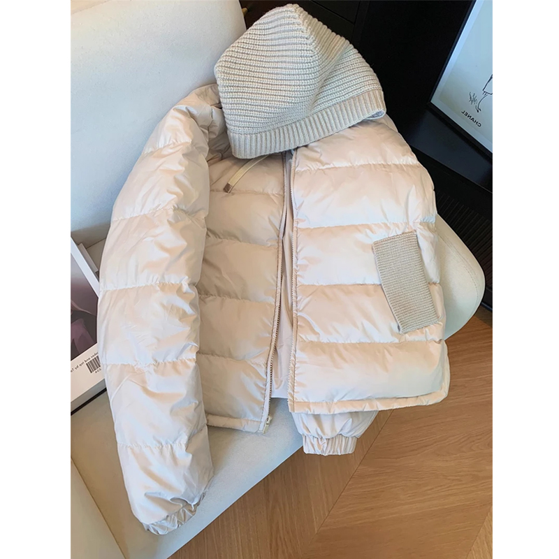 女士网红款外套针织拼接连帽棉服女2025秋冬法式气质棉衣外套