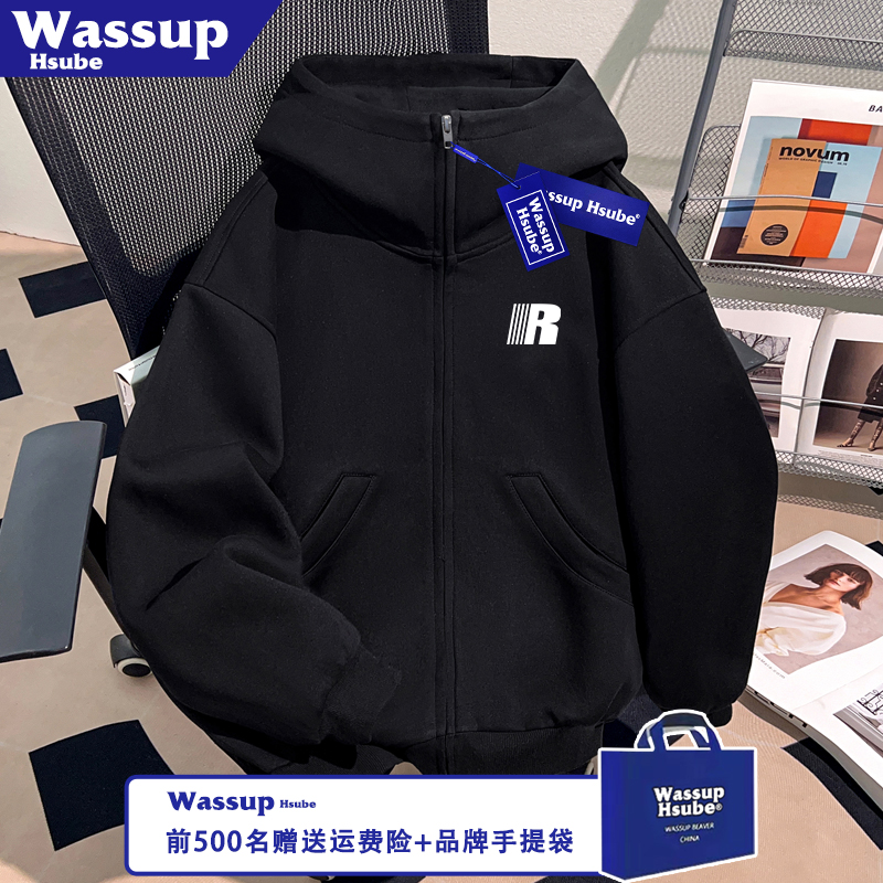 WASSUP HSUBE黑色时尚外套秋季男女款开衫简约字母印花全拉链卫衣