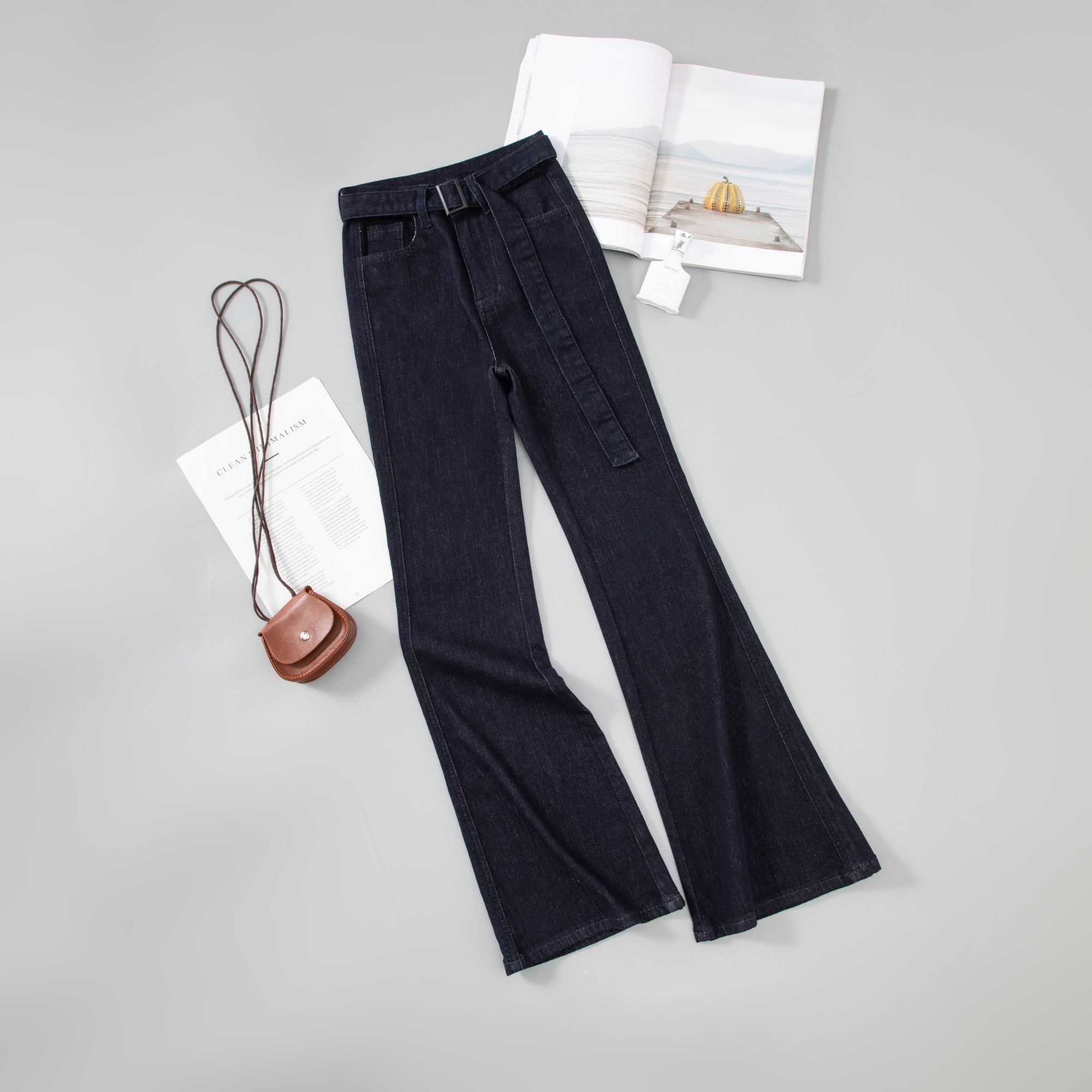 【X.K】丹宁蓝早秋新款极简风高腰显瘦提臀修身不掉色微喇牛仔裤女