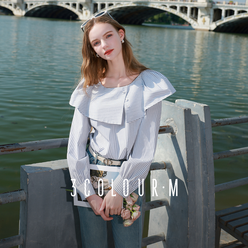 三彩2025秋季新款宽松条纹翻领长袖小衫衬衣上衣简约气质M