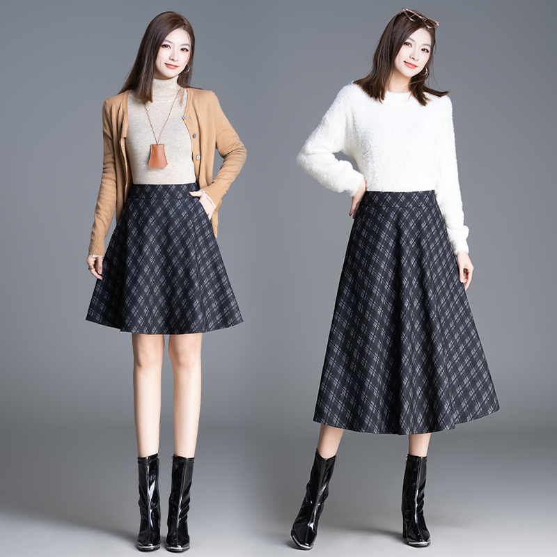 秋冬加厚毛呢格子裙时尚半身裙微胖女显瘦遮胯穿搭百搭长裙91136
