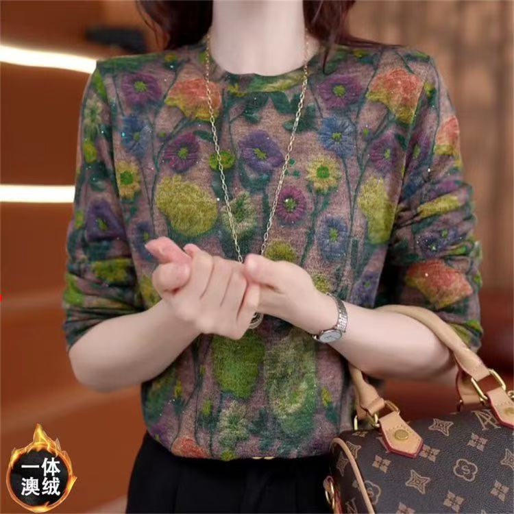 长袖T恤洋气印花新款圆领时尚加绒打底气质秋冬妈妈减龄百搭上衣