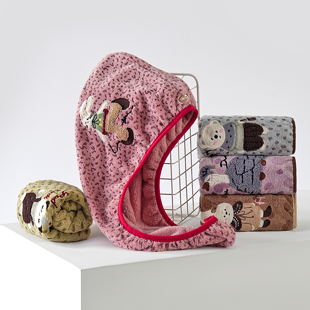 卡通兔子熊刺绣干发帽女超吸水速干家用宿舍加厚浴帽洗头干发毛巾