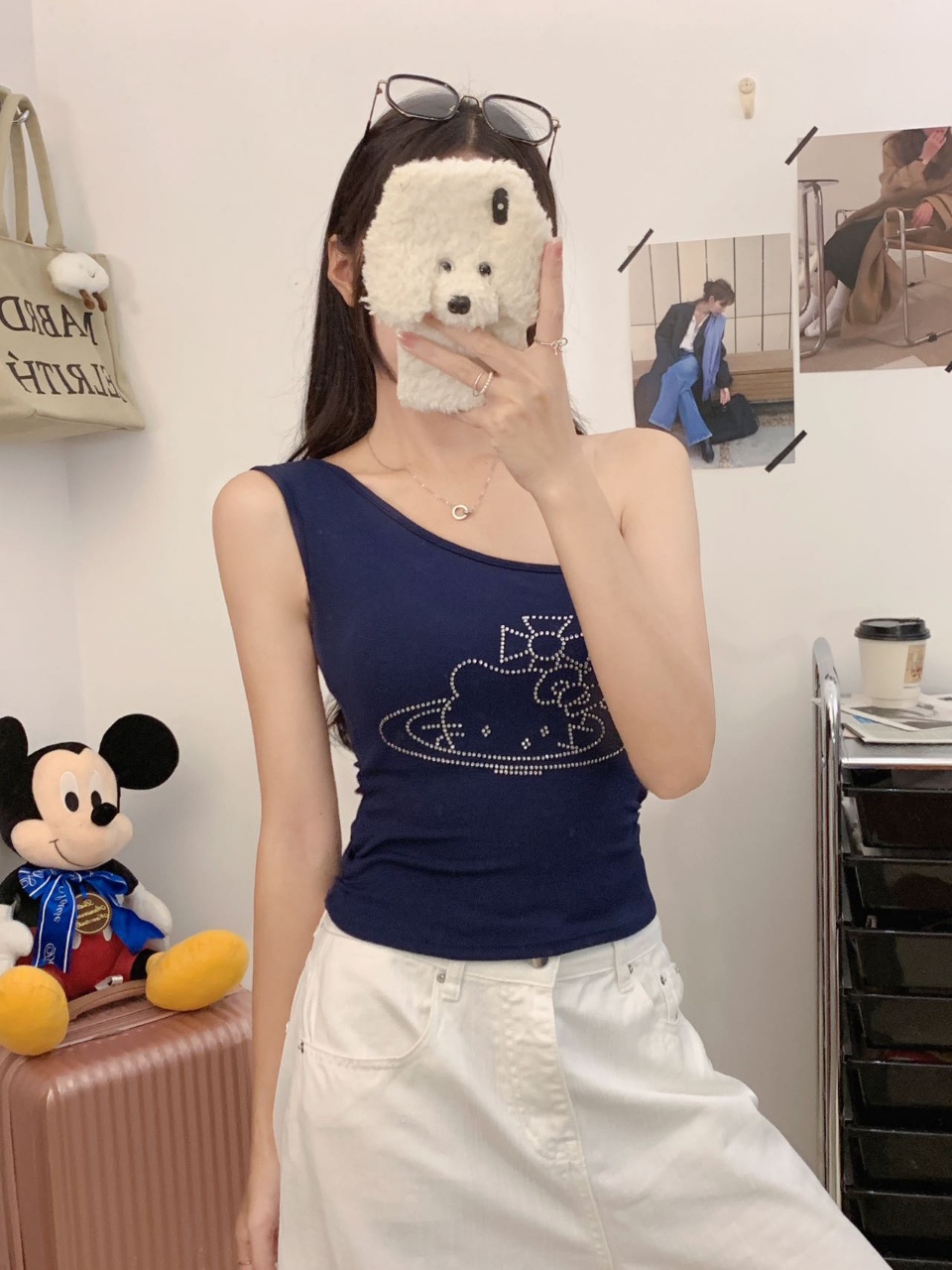 夏季新款辣妹斜肩短款修身T恤猫咪烫钻短款背心露肩百搭女小众