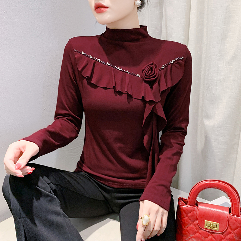 新款钉珠别致花朵荷叶边跳舞洋气上衣拉丁广场半高领长袖小衫女
