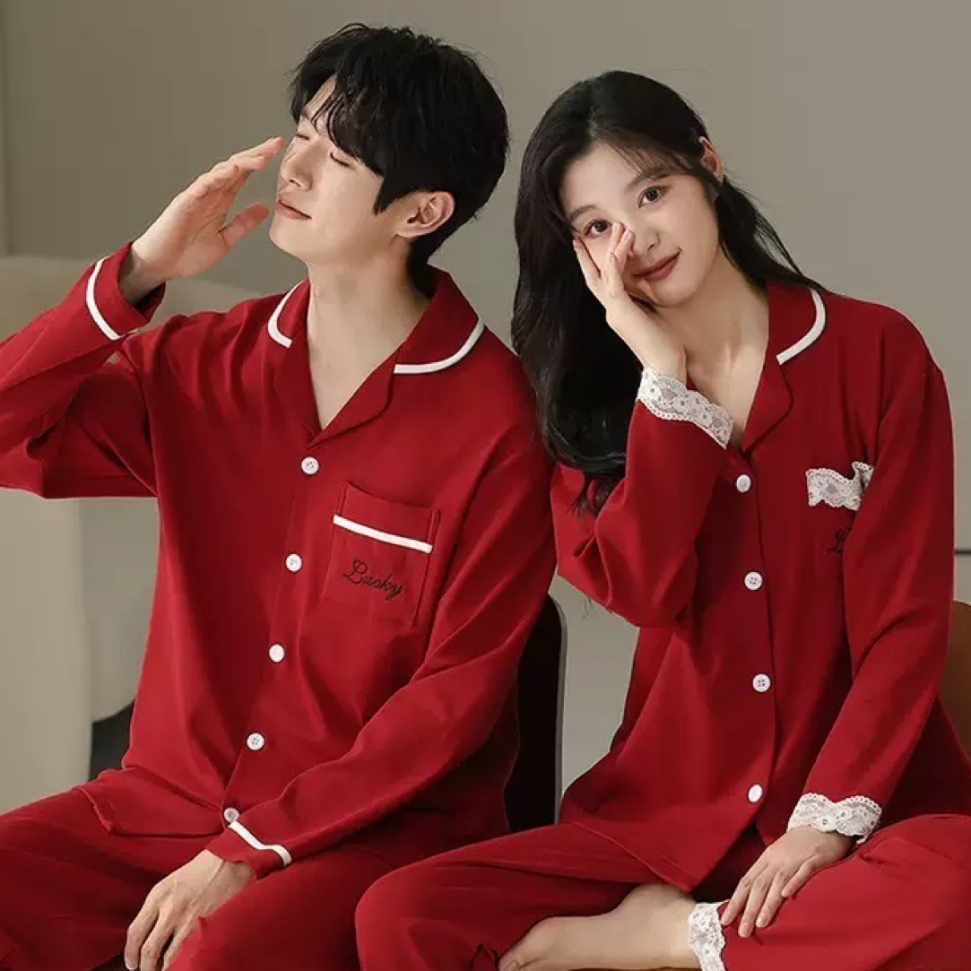 情侣春秋款大红色新婚结婚长袖长裤睡衣家居服