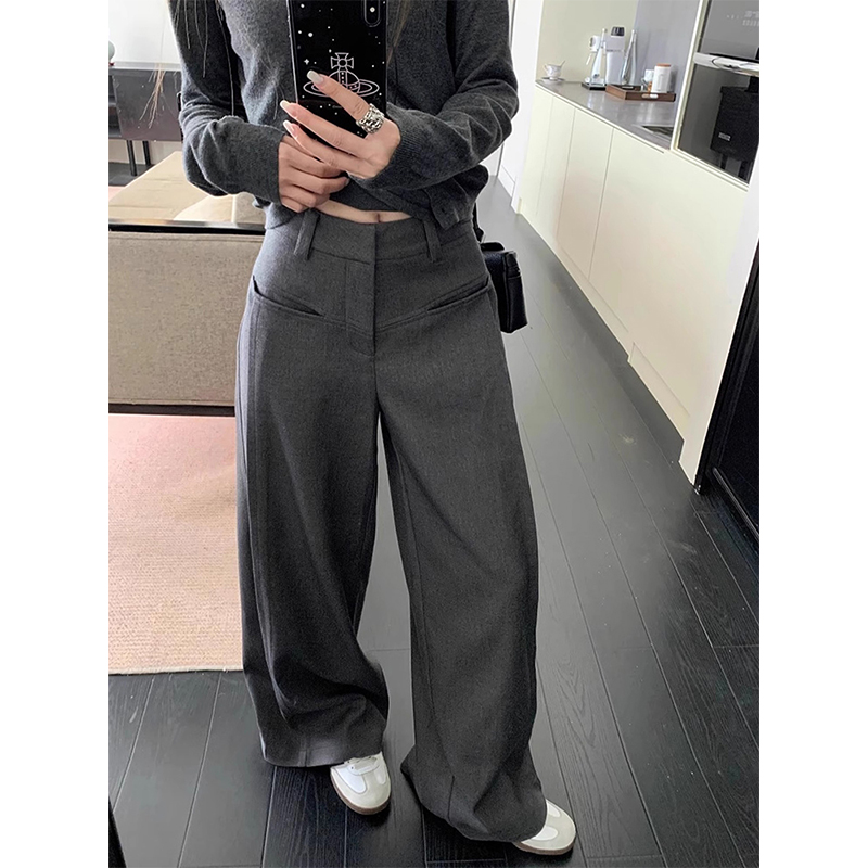 灰色西装裤休闲裤女春季新款慵懒风垂感高腰宽松百搭阔腿裤直筒裤