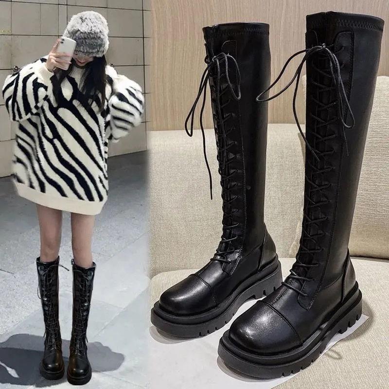 【万达撤柜】骑士靴女2025秋冬爆款长靴厚底长筒靴绑带马靴高筒靴