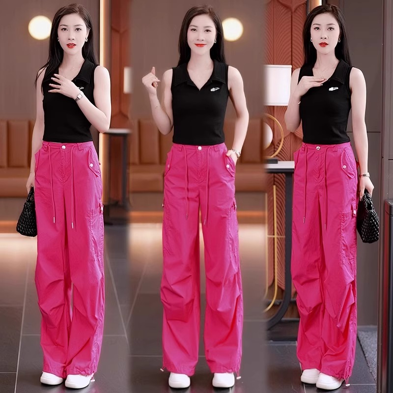 美式休闲工装裤套装女2025春夏新款辣妹短款无袖T恤阔腿裤两件套