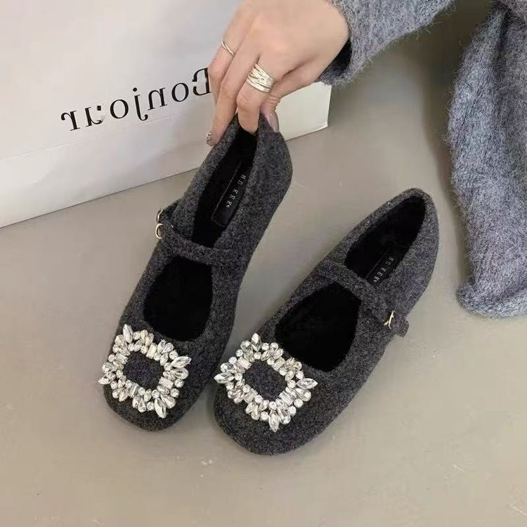 4CM内增高法式浅口一字带玛丽珍鞋女方头水钻方扣平底加绒女单鞋