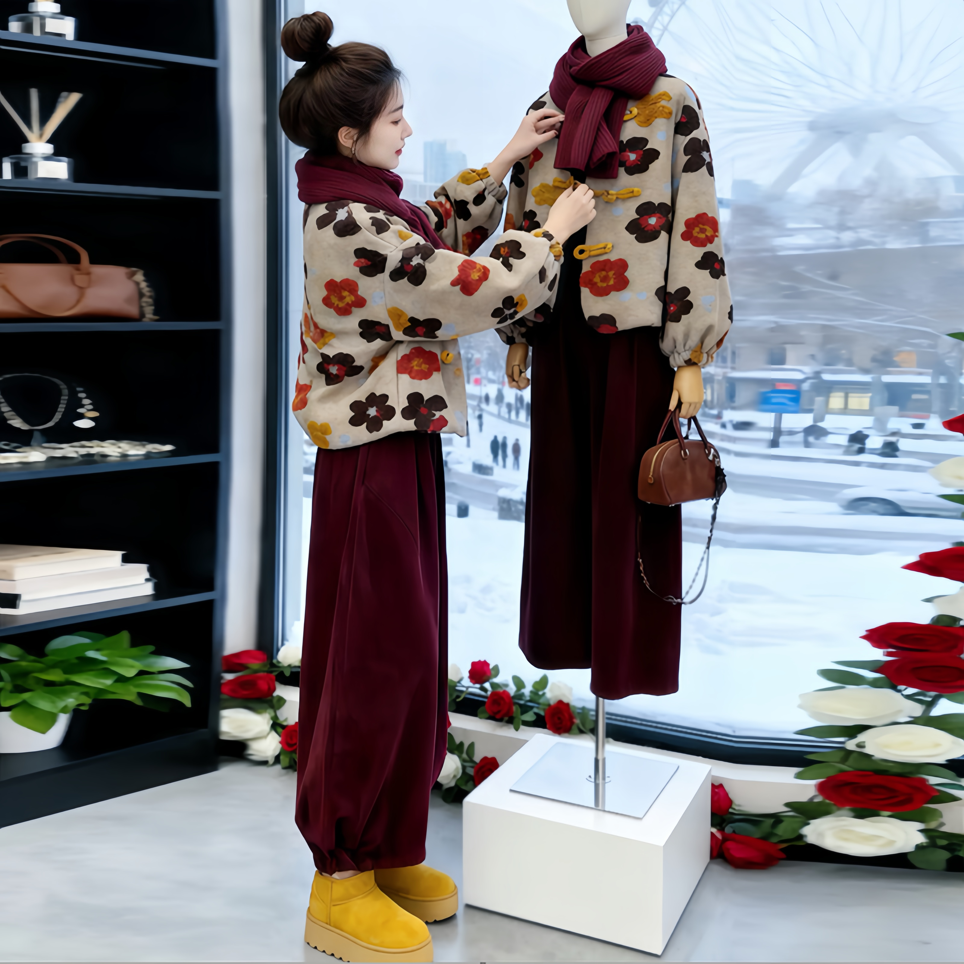 秋冬一整套穿搭女韩系时尚气质慵懒风短款外套高腰裤子两件套装潮