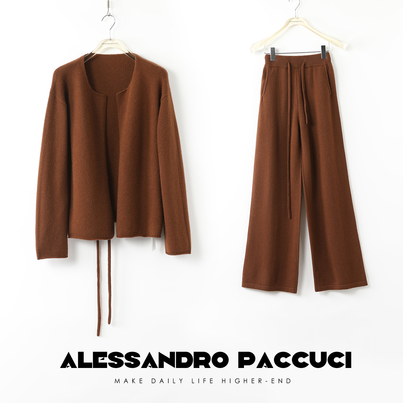 AP洛哥24591X高克重100山羊绒时尚纯色圆领开衫/松紧系带腰长裤