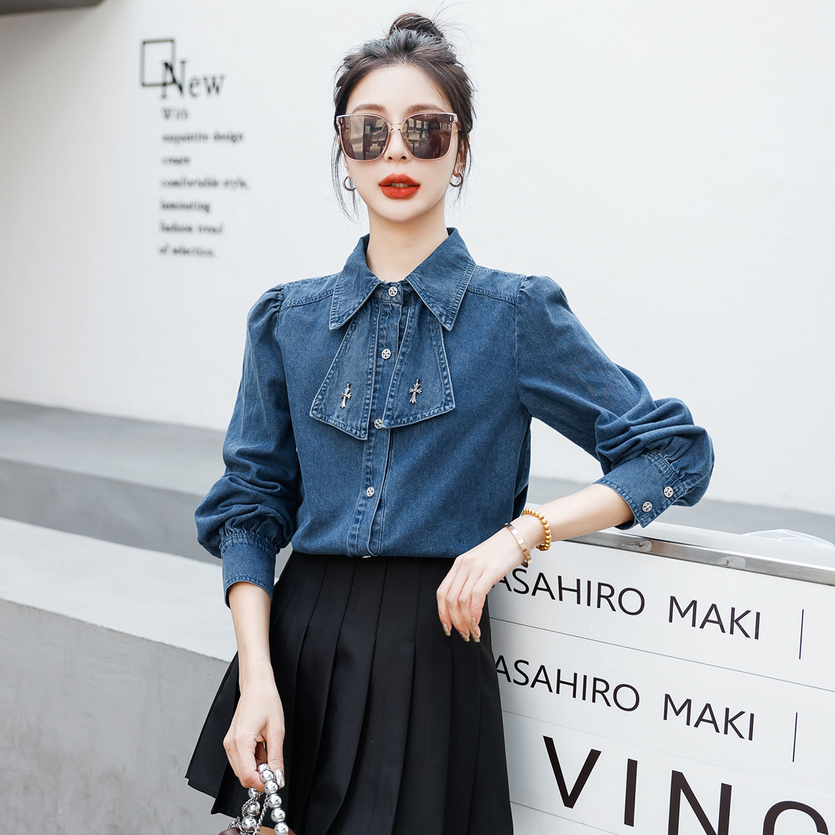 休闲风长袖口袋撞色显瘦牛仔衬衫宽松春季欧若智性风春秋气质衬衣