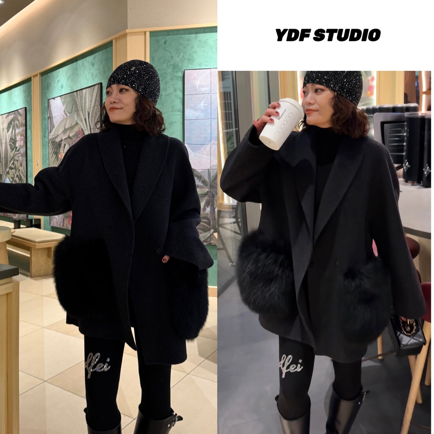 YDFSTUDIO小众【气质主宰】欧货重工毛毛口袋拼接设计双面羊绒外套