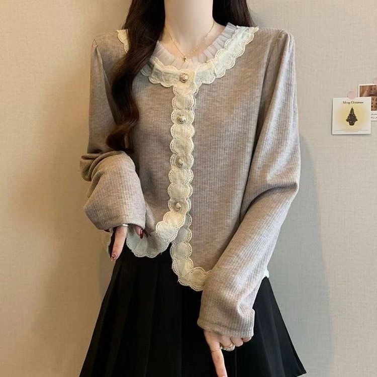 小香风法式蕾丝花边长袖衬衫女春装新款大码胖mm显瘦减龄短款上衣