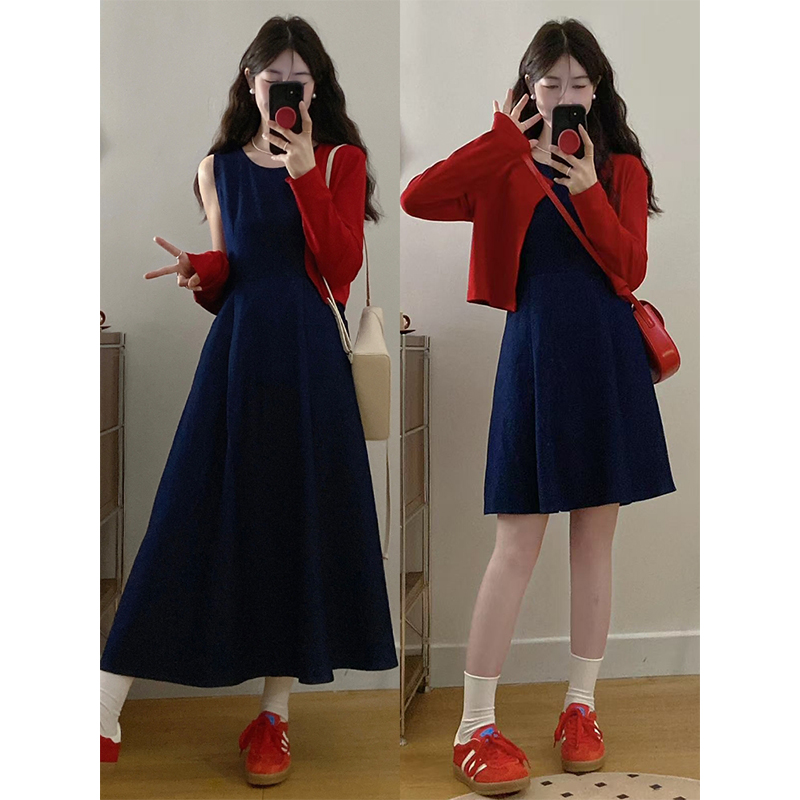 大码女装2025早春韩系气质复古收腰牛仔连衣裙+防晒开衫胖mm套装