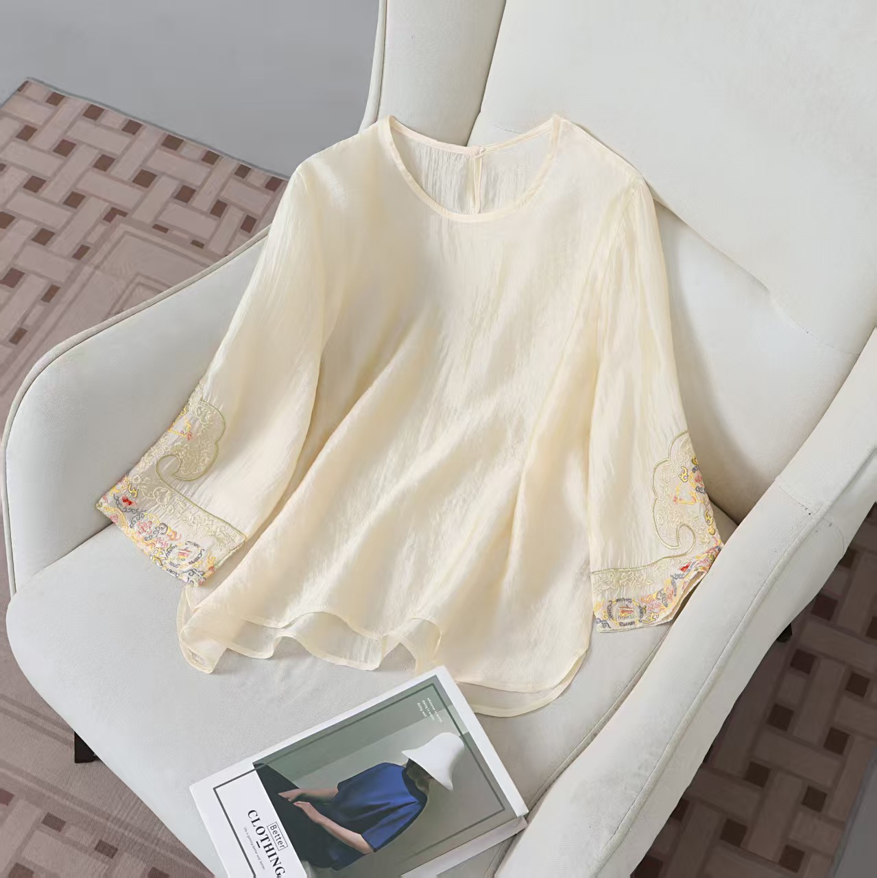 【432-1~金玉满堂】国风夏季薄款时尚重工刺绣长袖上衣百搭圆领T恤