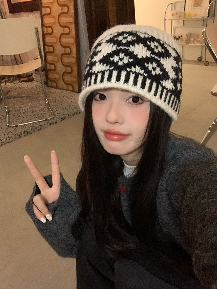 复古拼色菱形格子针织毛线帽女2024年秋冬显脸小包头冷帽保暖帽子
