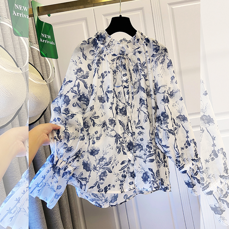 春秋新款法式高级感印花木耳领衬衫上衣女装胖MM大码宽松衬衣气质