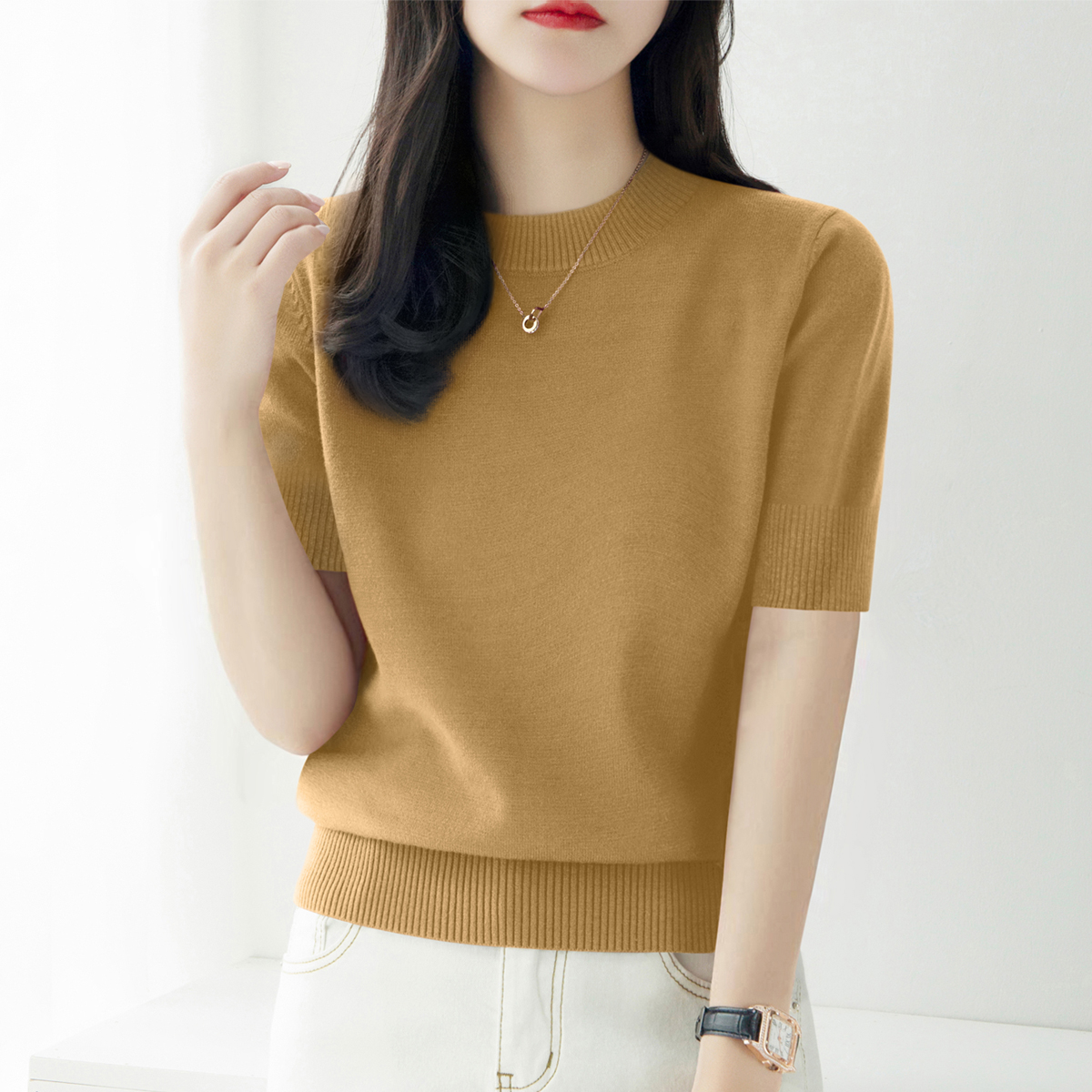 2025早秋新款气质五分袖显瘦内搭打底上衣圆领宽松时尚针织衫女装