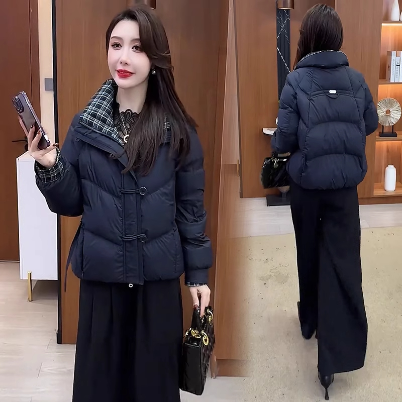 时尚洋气短款棉服女2025冬季新款格子拼接加厚保暖小个子棉袄外套