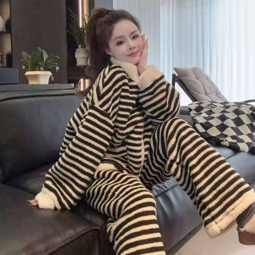 【高品质加绒加厚】条纹睡衣保暖可外穿适于秋冬款女士家居服睡衣