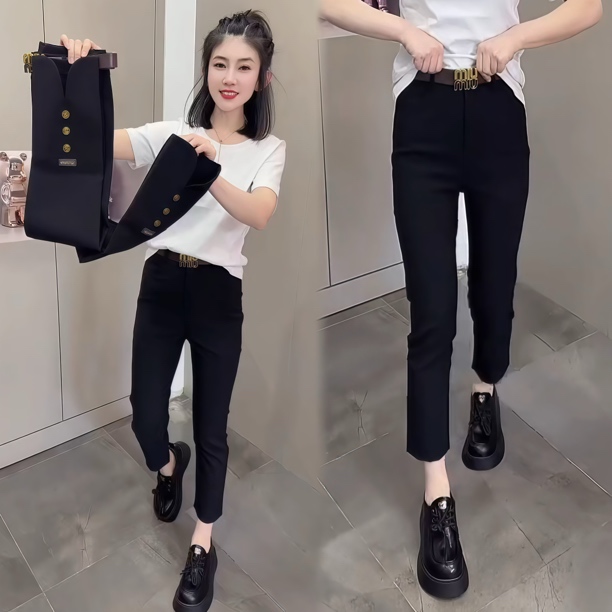 欧货黑色金属扣西装裤女秋冬新款高腰显瘦垂感休闲直筒九分烟管裤