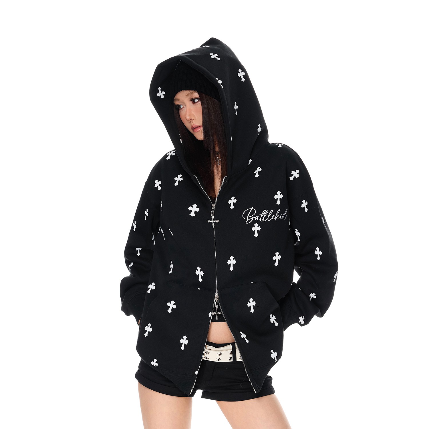 SREK美式复古卡通印花连帽卫衣女秋季新款宽松休闲百搭外套