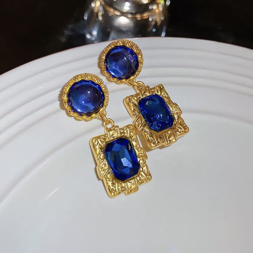 铜合金耳饰 克莱茵蓝中古彩石锆耳钉气质复古高级感耳坠