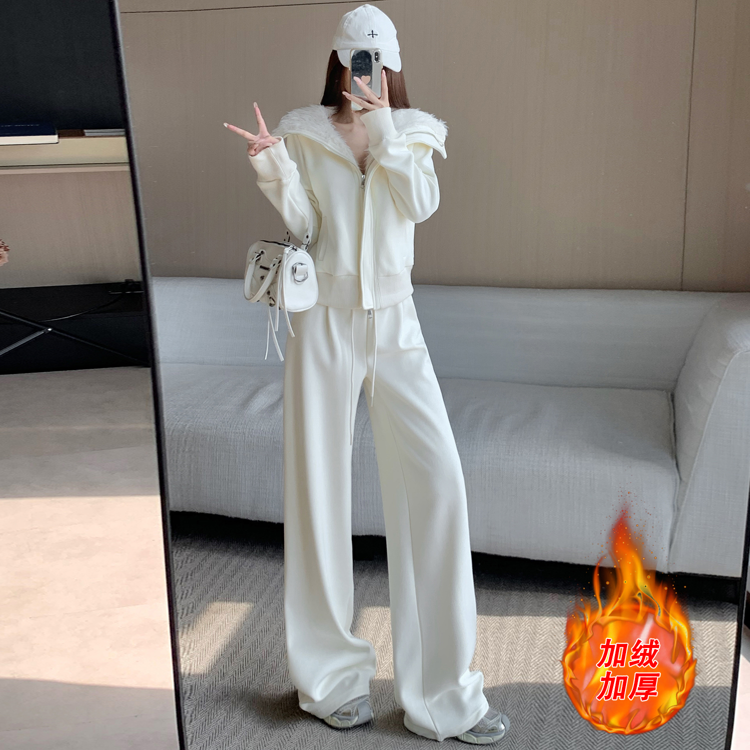 高级感加厚卫衣套装 韩版时髦羊羔毛大翻领外套百搭阔腿裤两件套