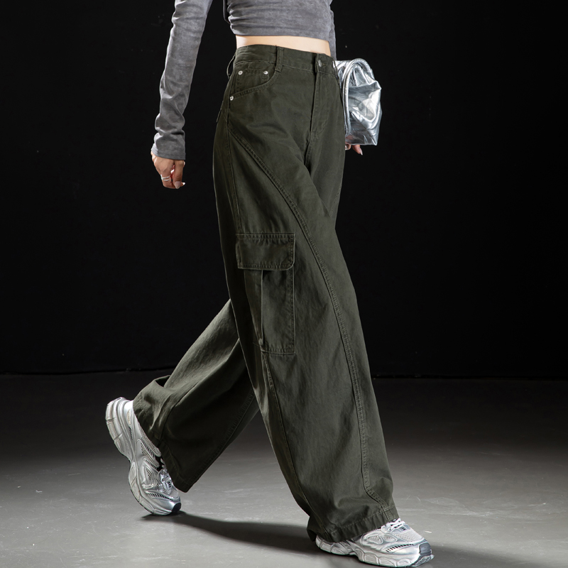 加绒工装裤女款秋冬水洗做旧弯刀牛仔裤女2025新款直筒裤阔腿长裤