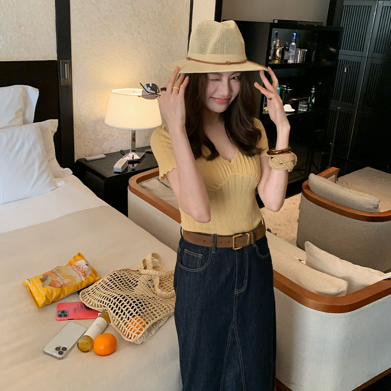 【ALONE SAVOR】 小确幸 夏季薄款女V领短袖设计感J066