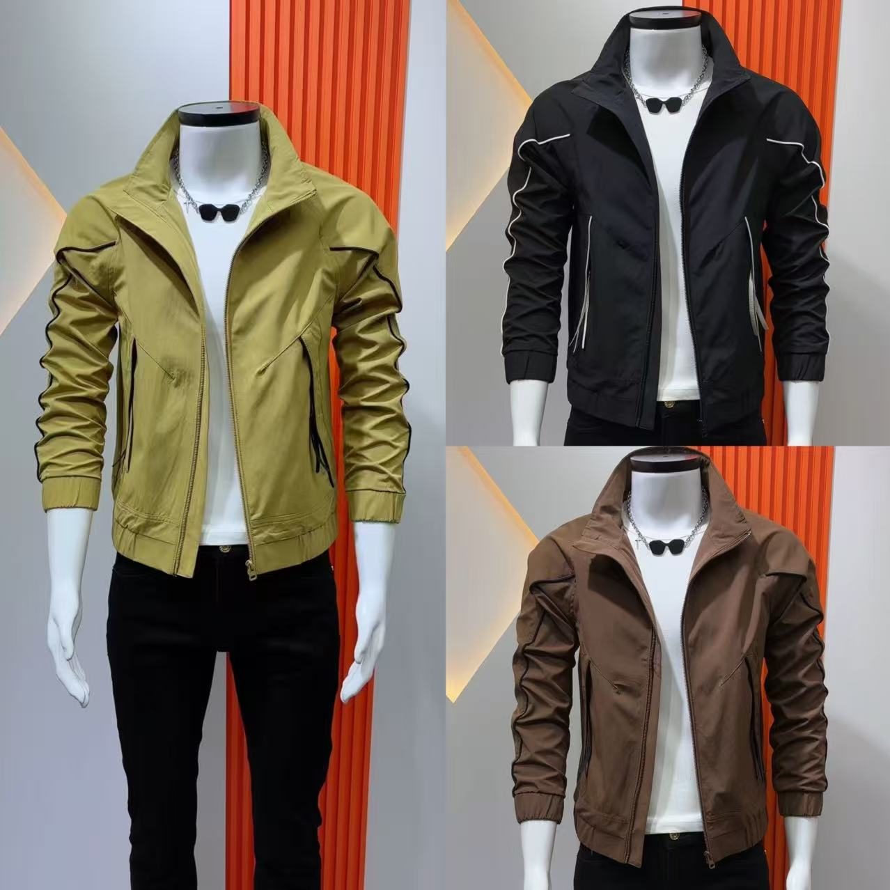 男夹克外套秋季新款休闲拼接立领修身夹克时尚潮流高级痞帅工装褂