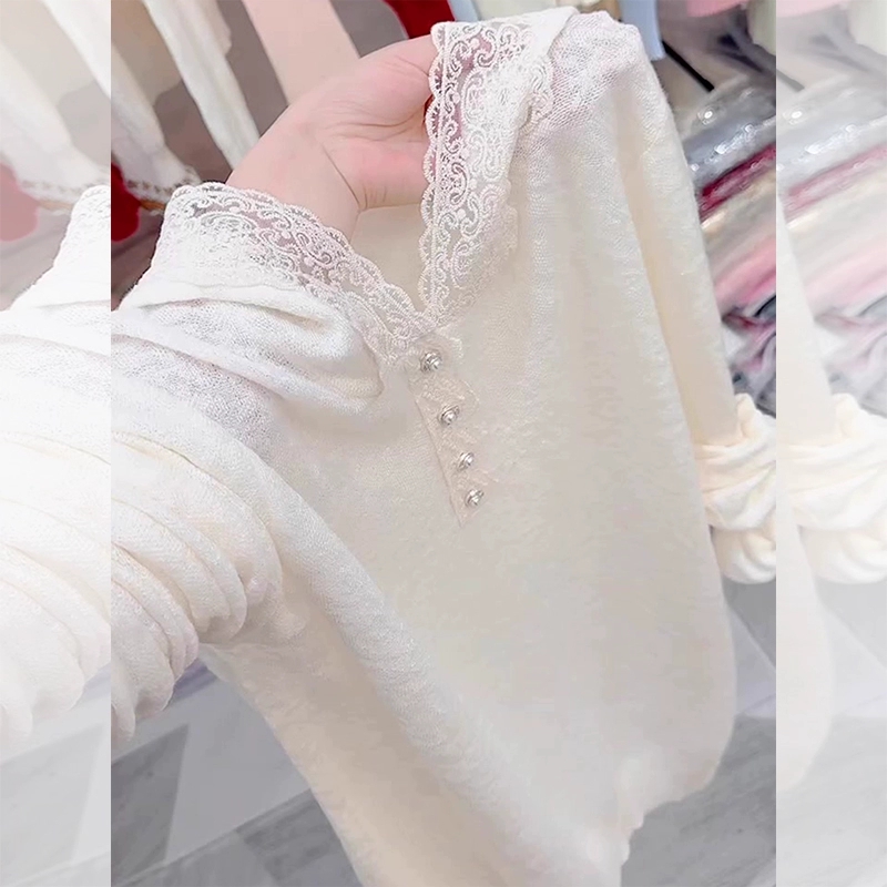 轻奢高级感白色蕾丝连帽长袖针织T恤女秋季款洋气休闲百搭小衫潮