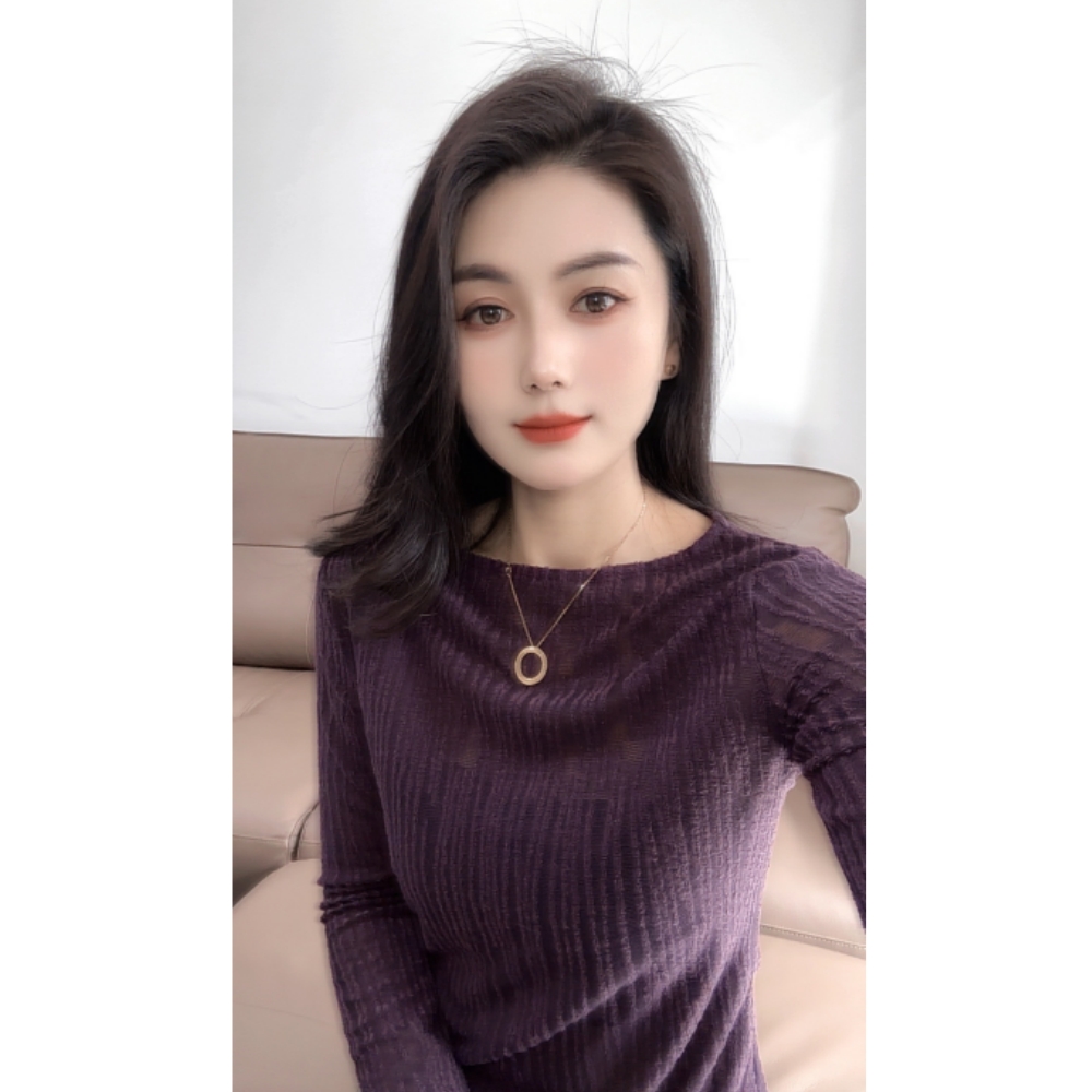 圆领竖条纹纯色长袖T恤女2025年春秋新款时尚百搭休闲装洋气小衫