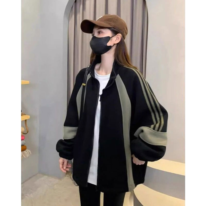 美式撞色条纹棒球服外套女款春季2025新款复古宽松小个子拉链卫衣