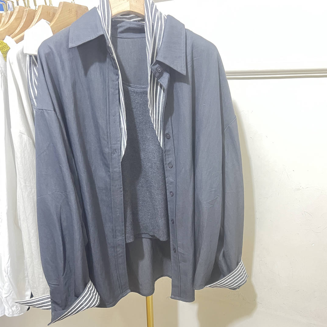 初秋新款韩式条纹拼接长袖衬衫气质有层次感适合搭配丝巾