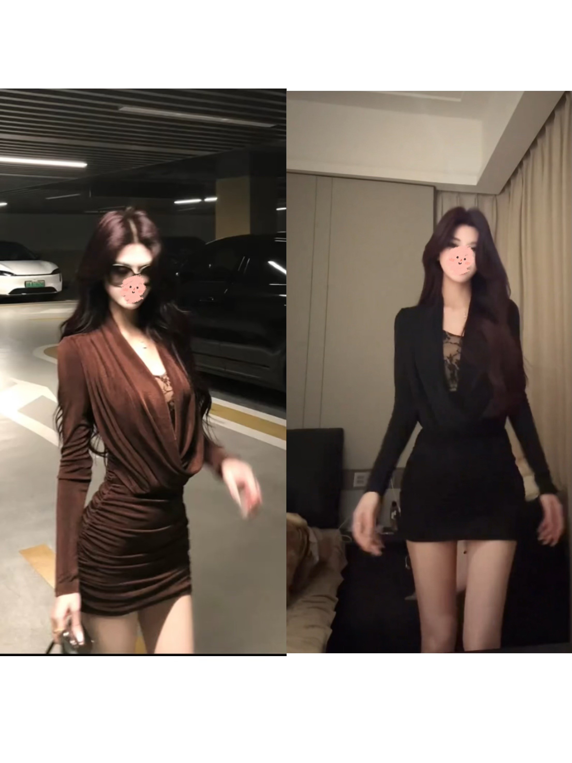 秋冬新款辣妹假两件荡领蕾丝V领收腰捏褶修身包臀气质连衣裙女