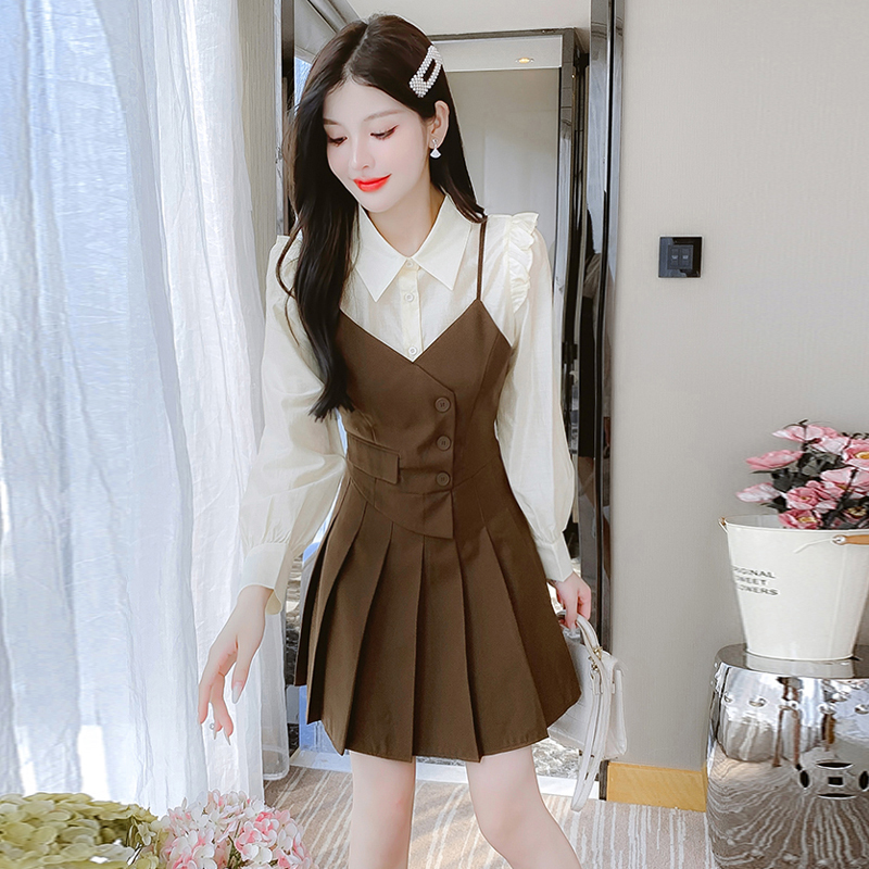 假两件长袖早秋款连衣裙新款小个子时尚气质短裙9313