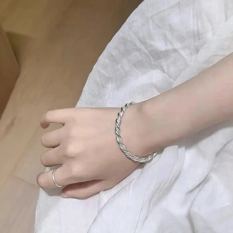 复古扭纹手工麻花银手镯999绞丝编织开口情人节礼物