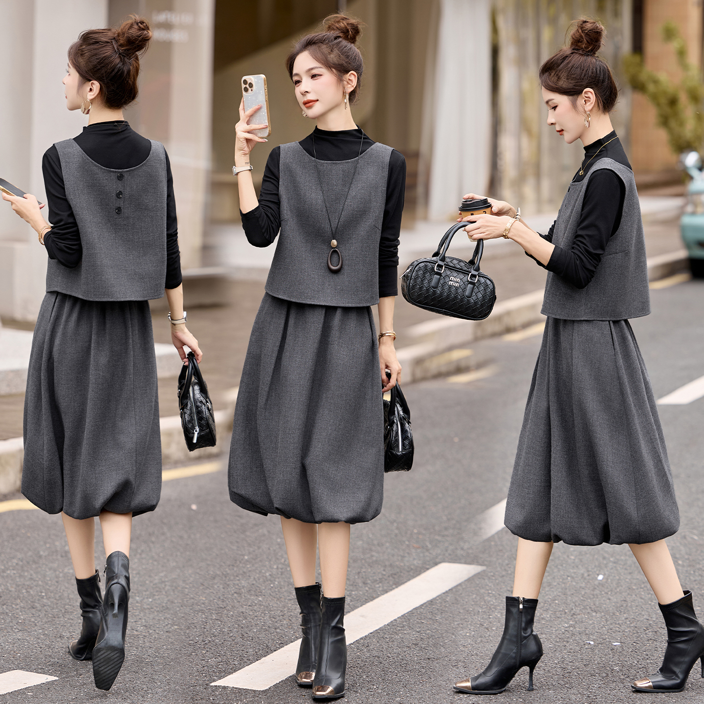 时尚简约两面穿马甲套装女2025春秋新款百搭老钱风减龄半裙三件套