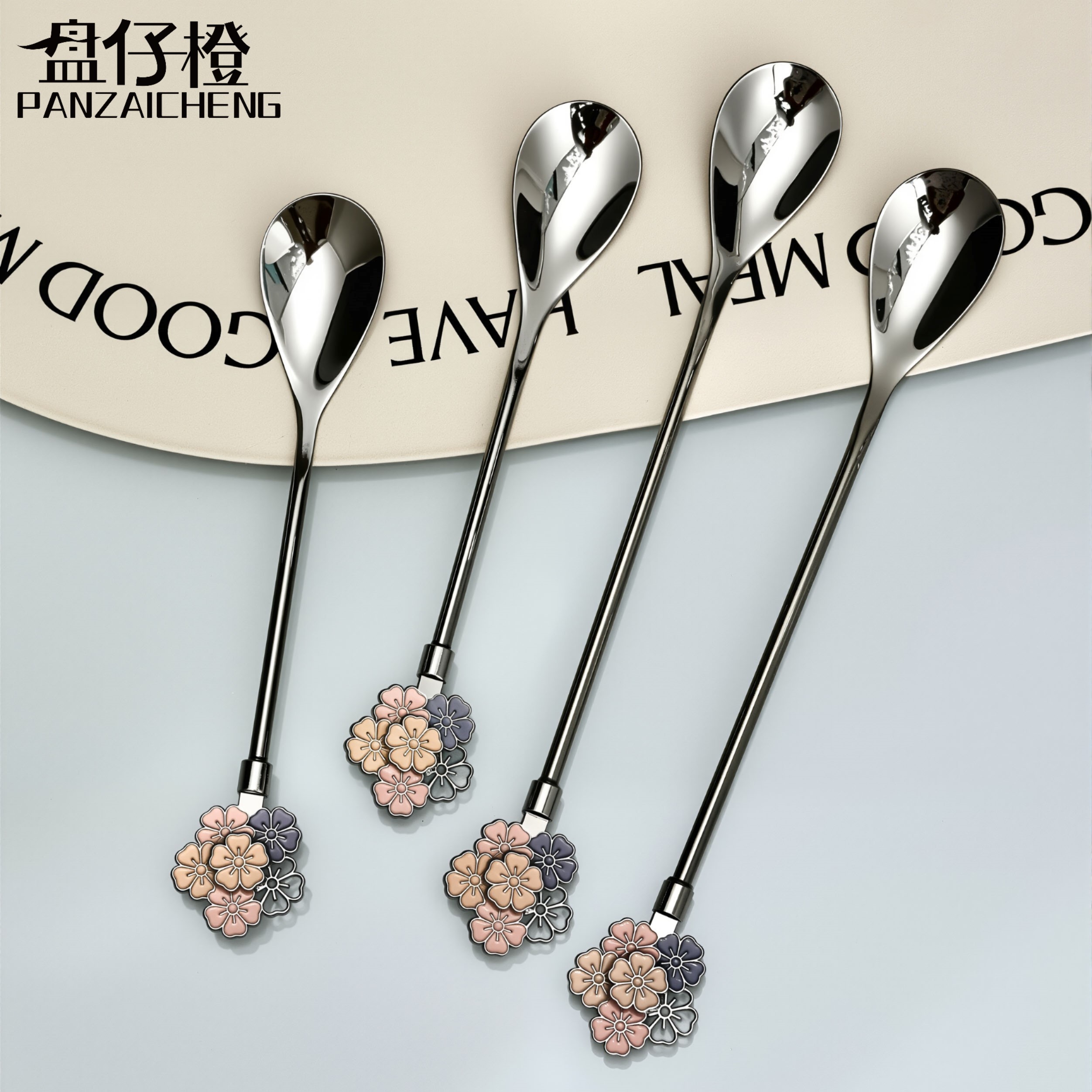 盘仔橙咖啡勺304不锈钢家用长柄勺甜品勺长柄樱花咖啡勺居家冰勺