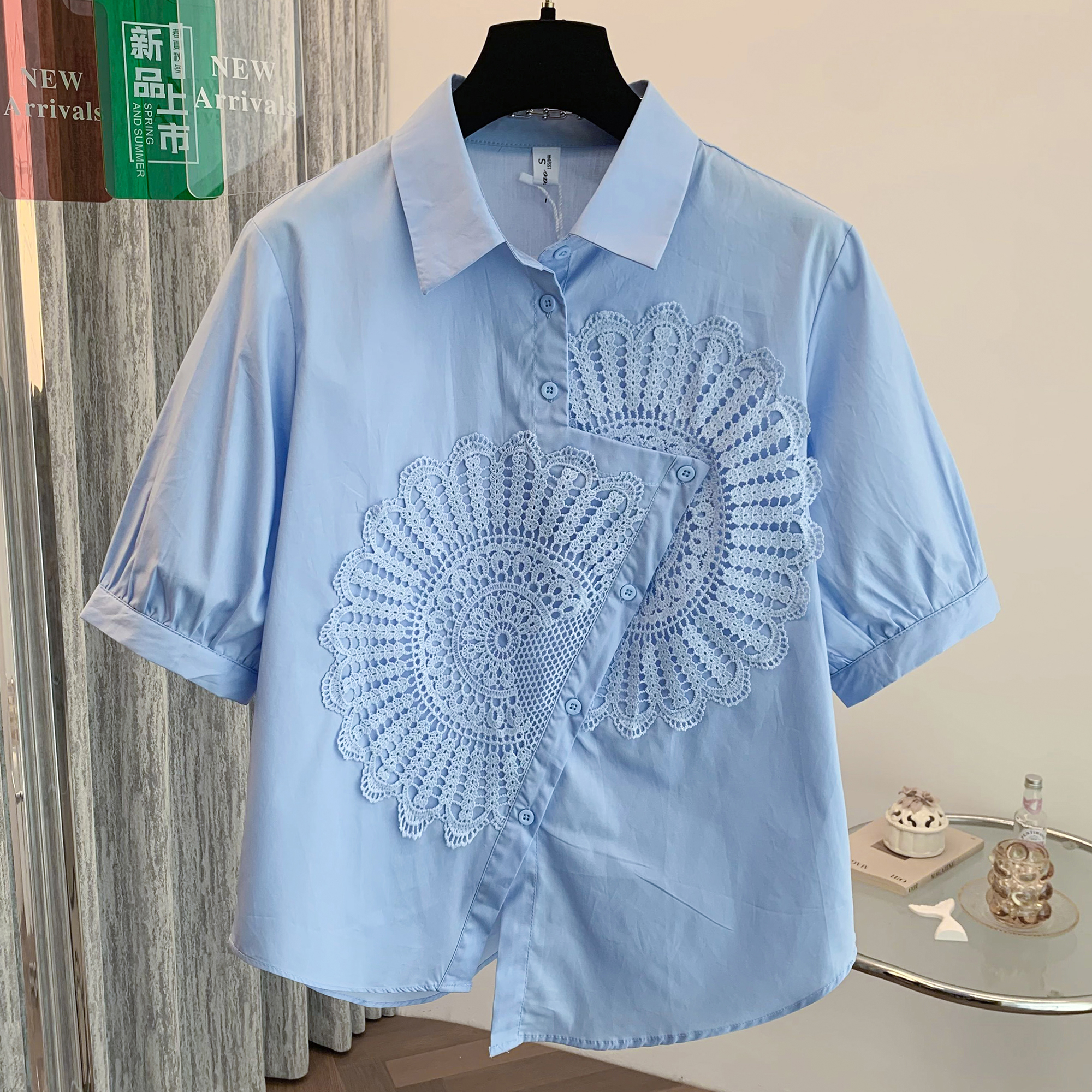 高级文艺轻奢风纯棉短袖蕾丝钩花衬衫清冷感气质穿搭宽松显瘦遮肉