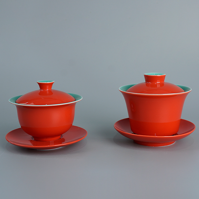中国红薄胎三才盖碗高端陶瓷家用功夫茶具不烫手单个敬茶碗