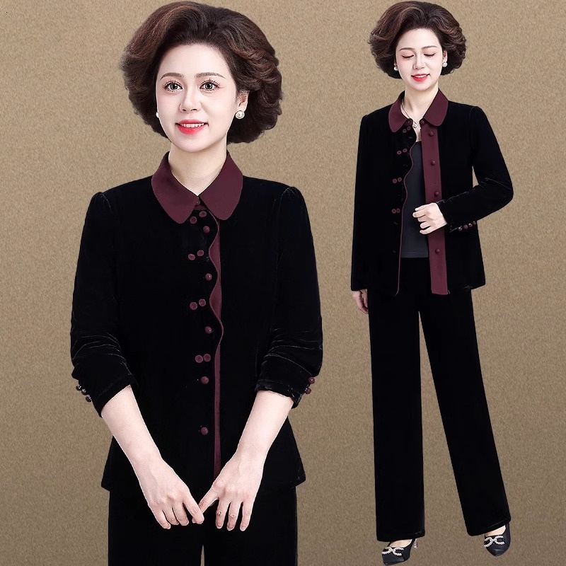 中年妈妈春装翻领外套高贵中老年金丝绒套装女春秋高端贵夫人上衣